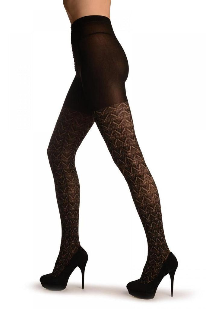Liss Kiss Black With Beige Woven Lace Print - Tights