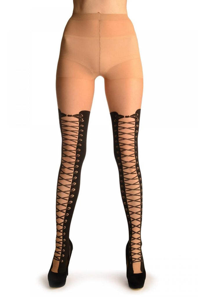 Liss Kiss Black With Faux Lace Up Stockings - Tights