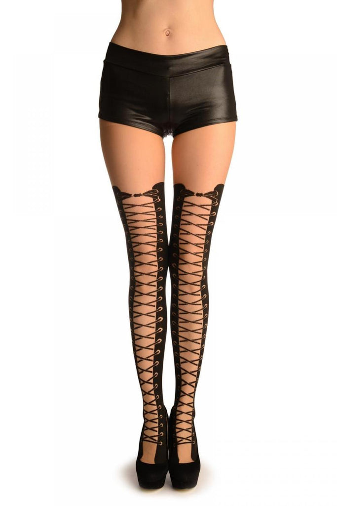 liss kiss Black With Faux Lace Up Stockings - Tights