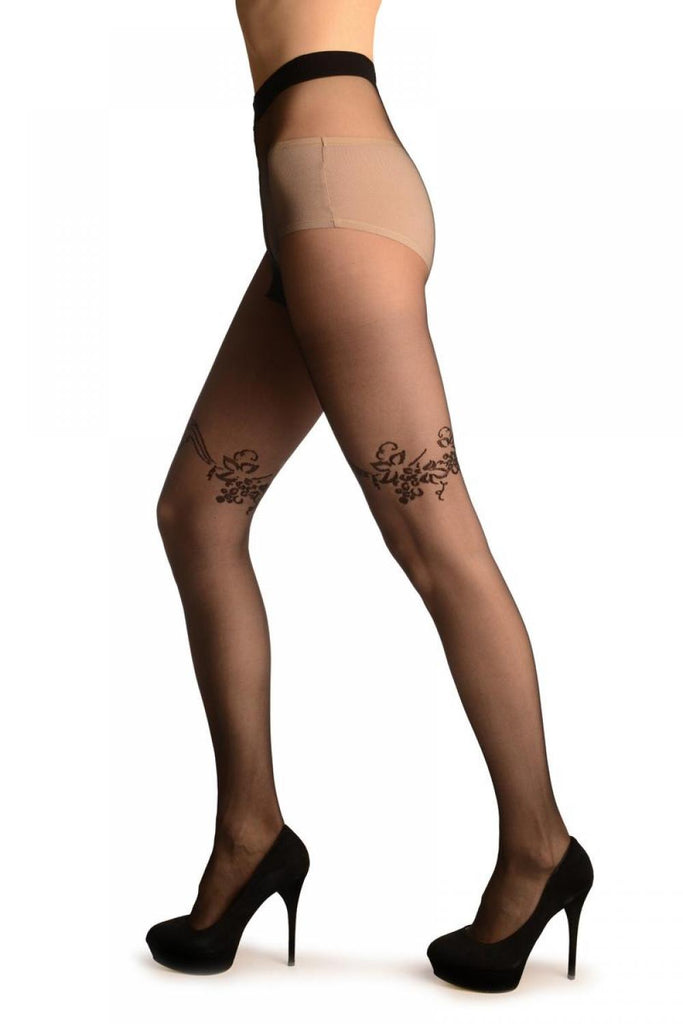 Liss Kiss Black With Floral Garter - Tights