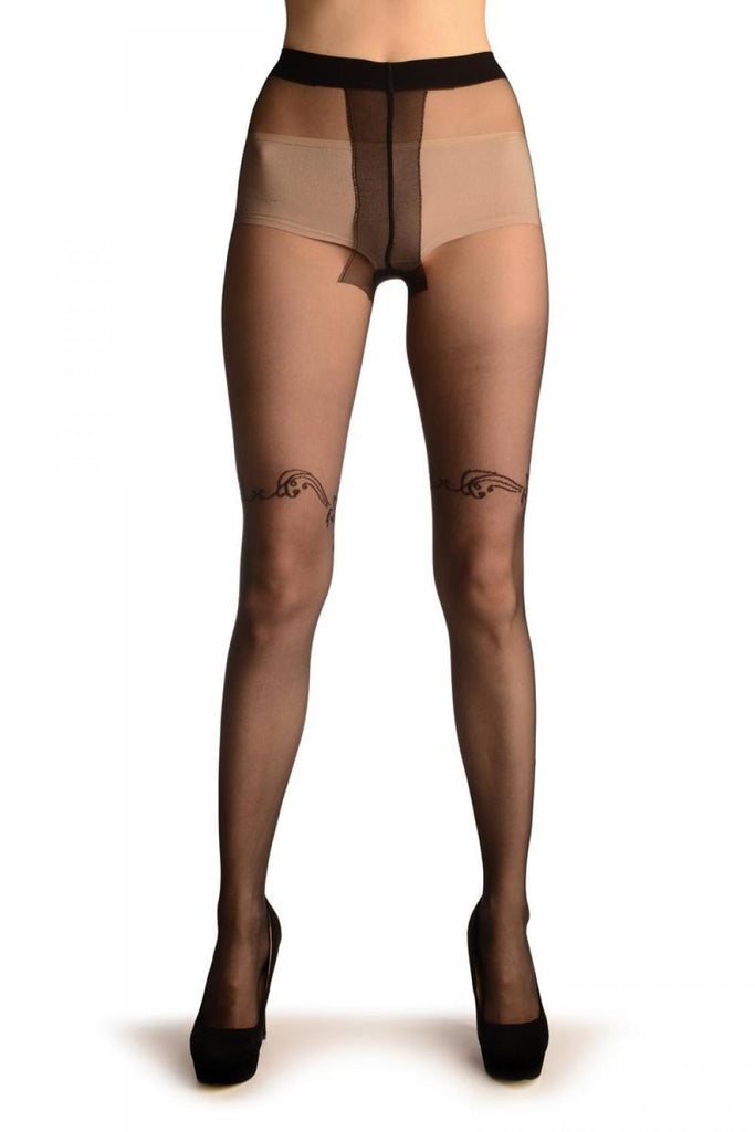 Liss Kiss Black With Floral Garter - Tights