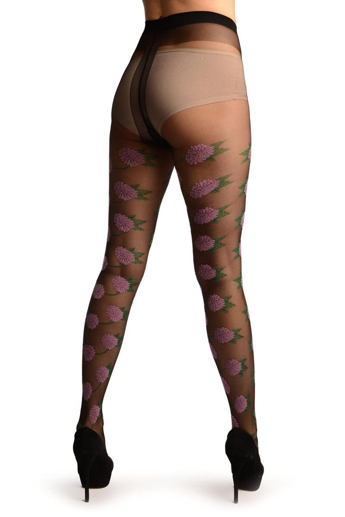 Liss Kiss Black With Pink Flowers Tights - Tights