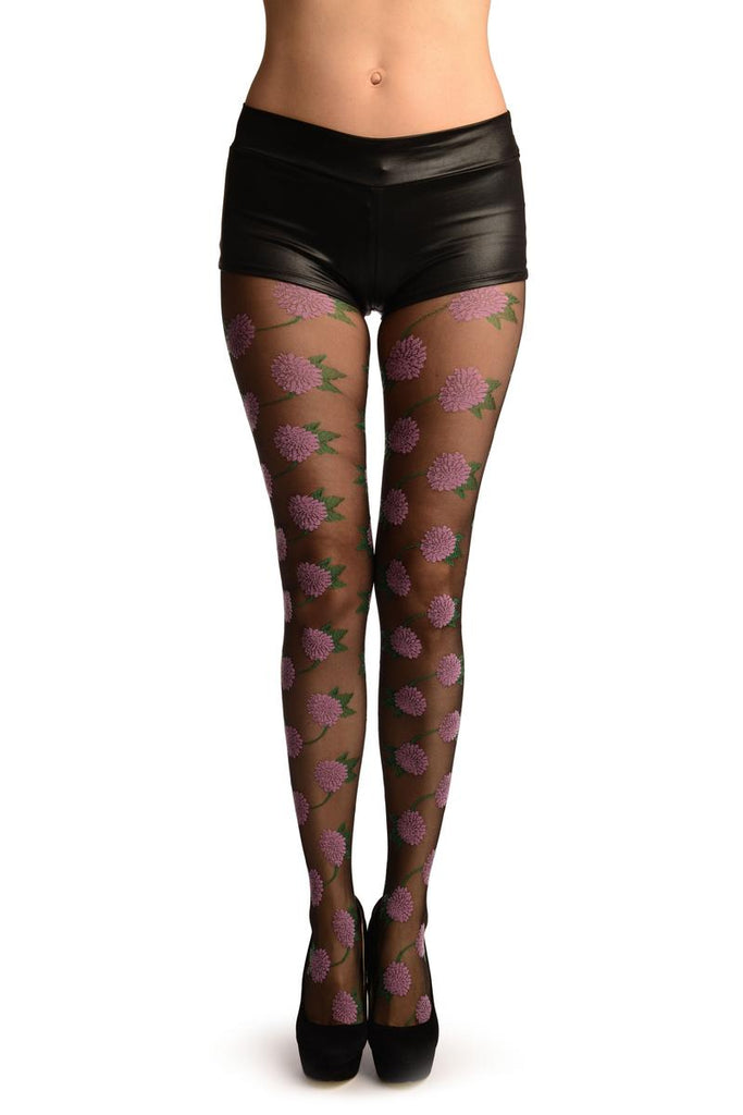 liss kiss Black With Pink Flowers Tights - Tights