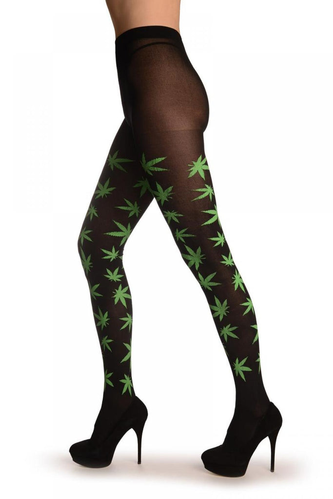 Liss Kiss Black With Printed Hemp Leaf - Tights