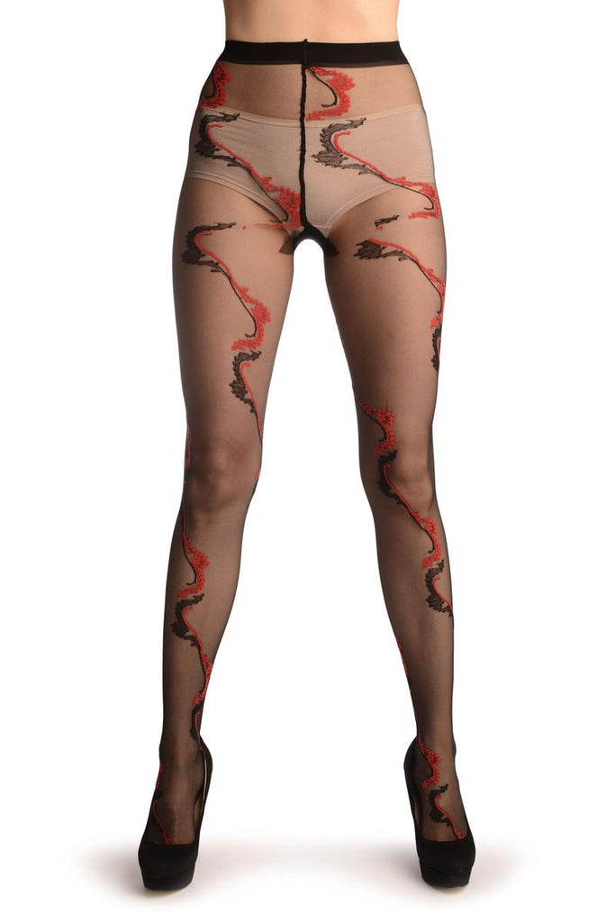 Liss Kiss Black With Red & Black Long Leaves - Tights