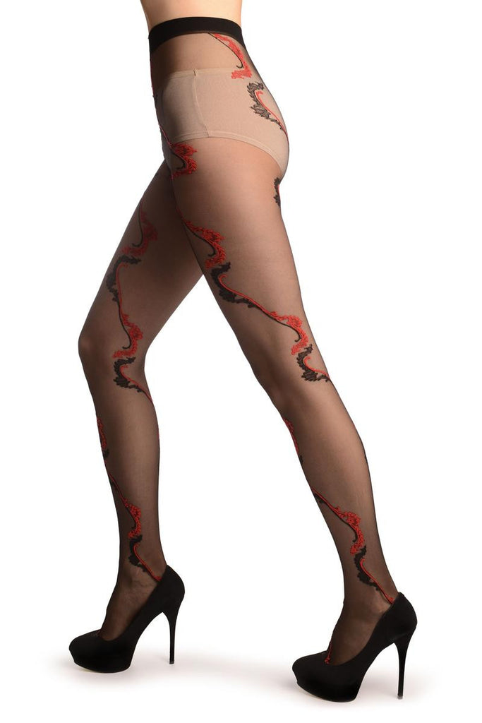 Liss Kiss Black With Red & Black Long Leaves - Tights