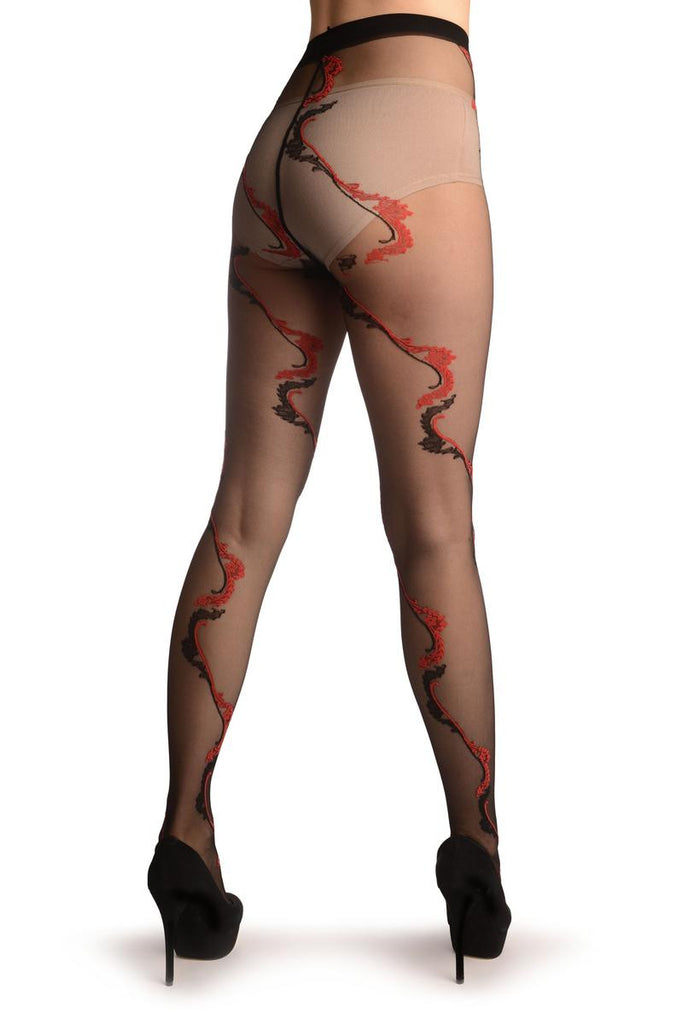 Liss Kiss Black With Red & Black Long Leaves - Tights