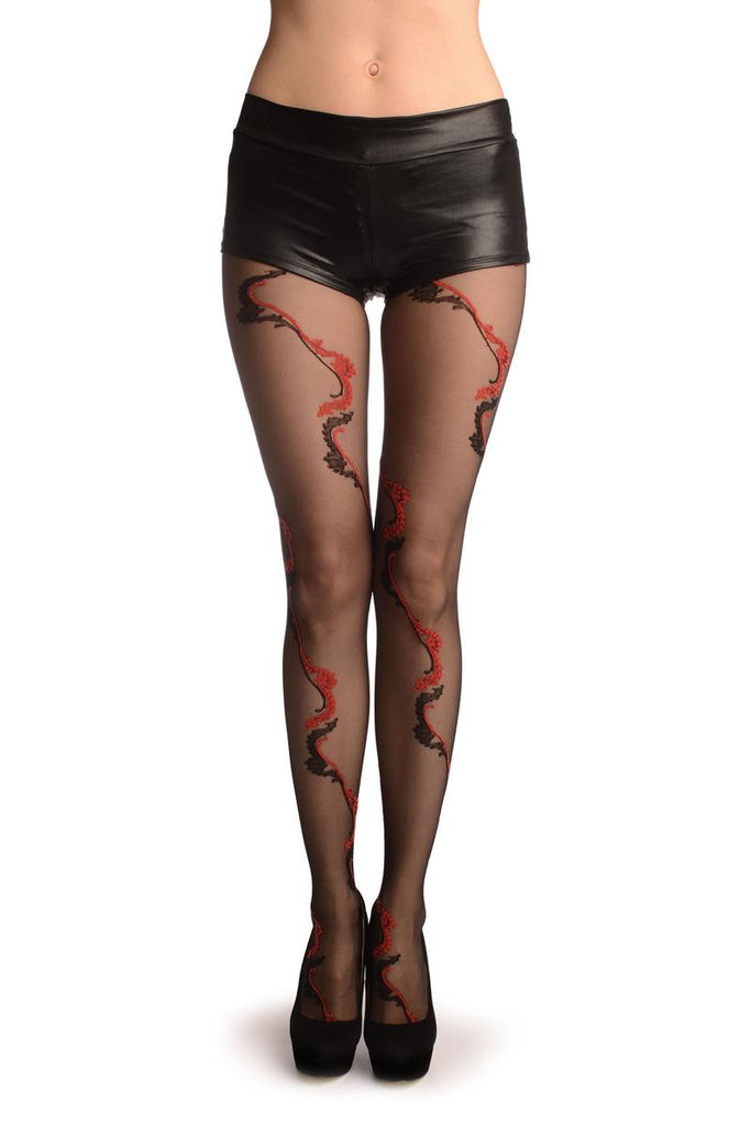 liss kiss Black With Red & Black Long Leaves - Tights