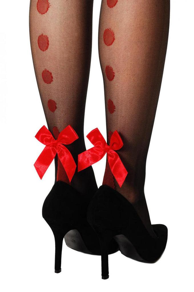 Liss Kiss Black With Red Dotted Seam & Bow - Hold Ups