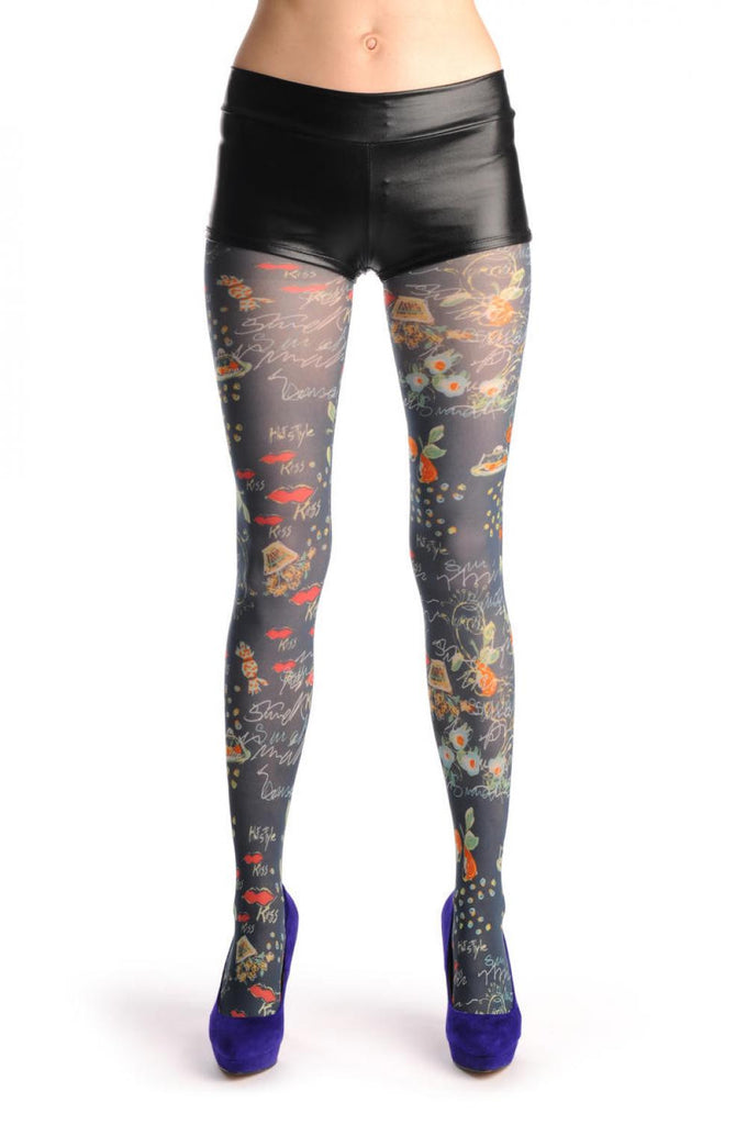 Liss Kiss Black With Red Kiss & Pears - Tights