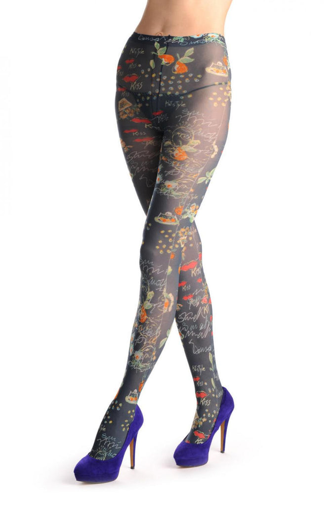Liss Kiss Black With Red Kiss & Pears - Tights