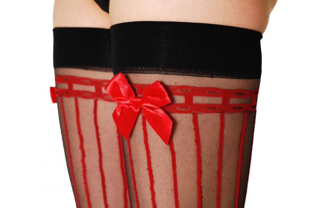 Liss Kiss Black With Red Stripes & Red Bow - Hold Ups