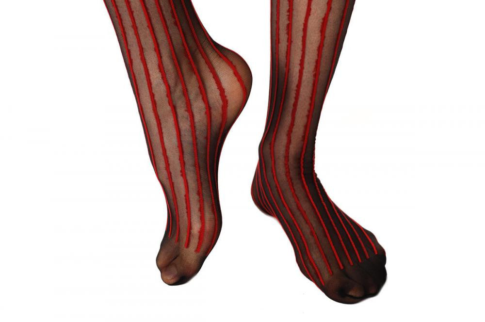 Liss Kiss Black With Red Stripes & Red Bow - Hold Ups