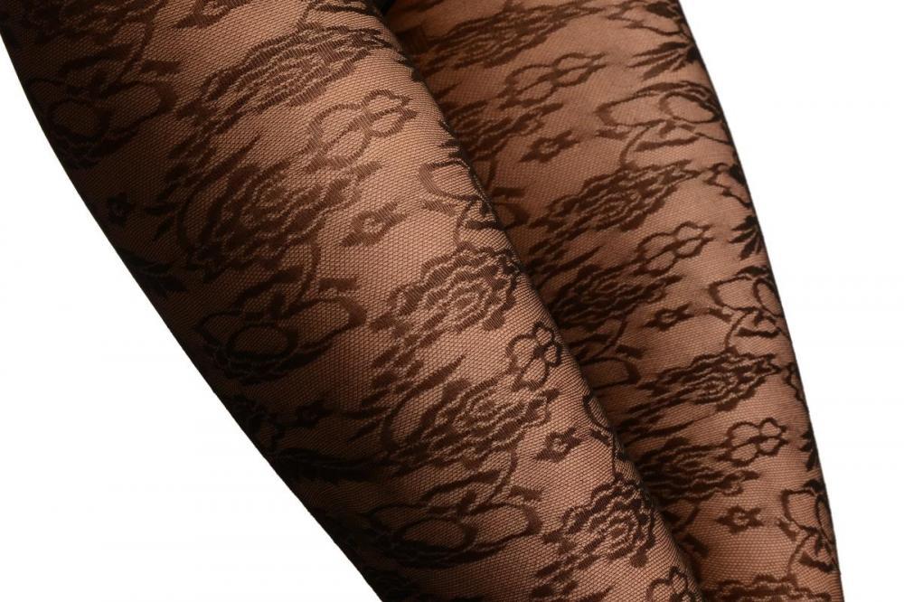 Liss Kiss Black Woven Flowers On Micro Mesh - Tights