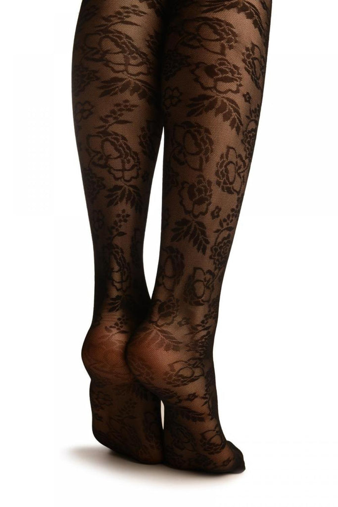Liss Kiss Black Woven Flowers On Micro Mesh - Tights