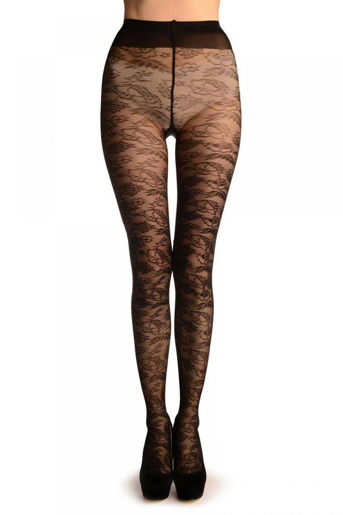 liss kiss Black Woven Flowers On Micro Mesh - Tights