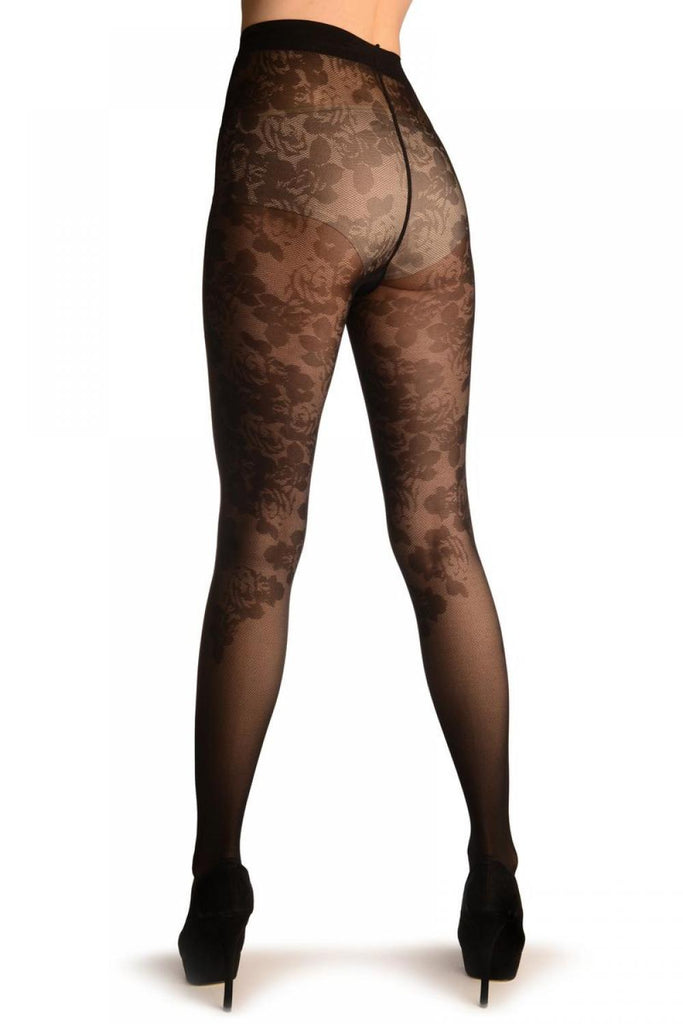 Liss Kiss Black Woven Roses On Micro Mesh - Tights