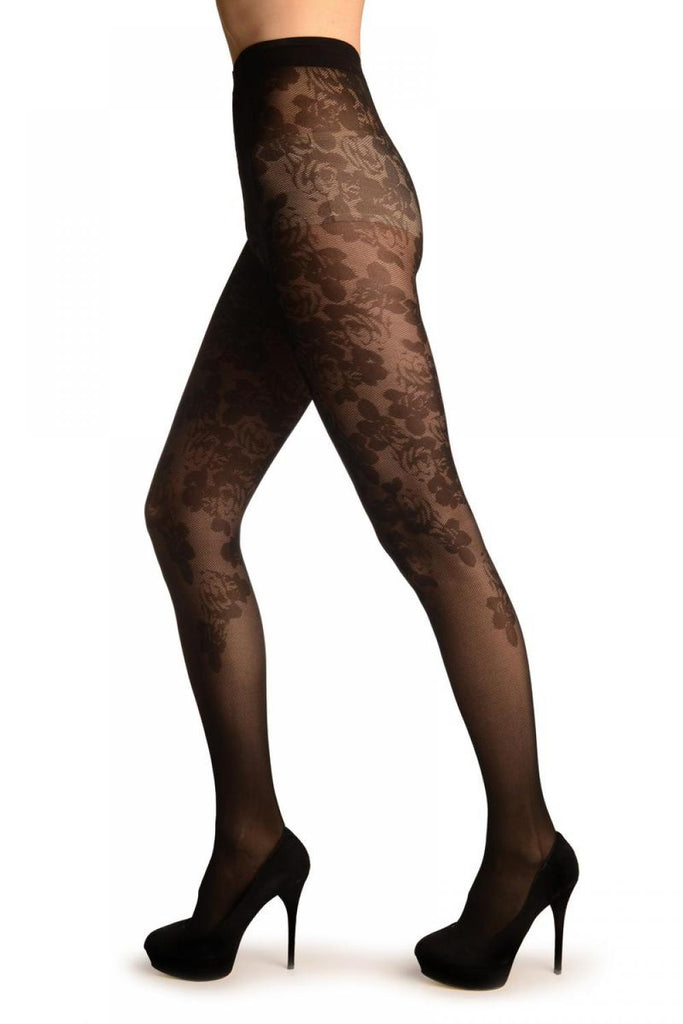 Liss Kiss Black Woven Roses On Micro Mesh - Tights