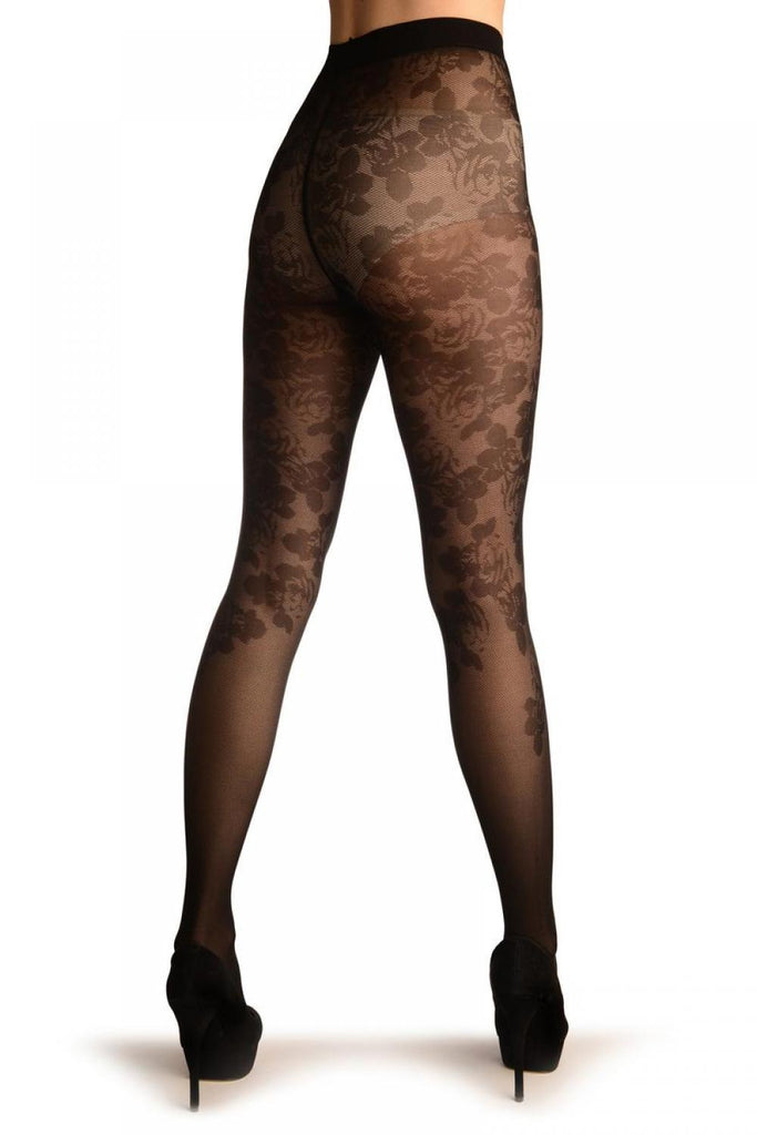 Liss Kiss Black Woven Roses On Micro Mesh - Tights