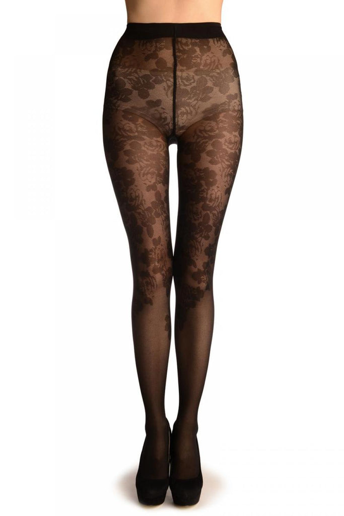 liss kiss Black Woven Roses On Micro Mesh - Tights