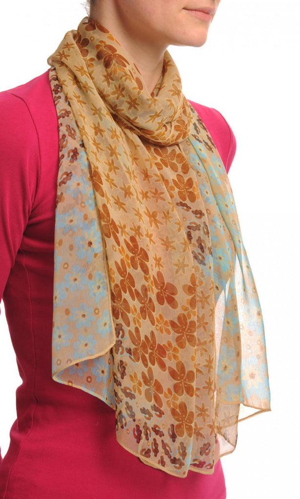Liss Kiss Blue & Brown Small Flowers On Mocha - Scarf