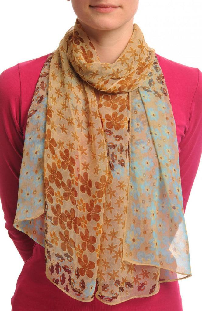 liss kiss Blue & Brown Small Flowers On Mocha - Scarf