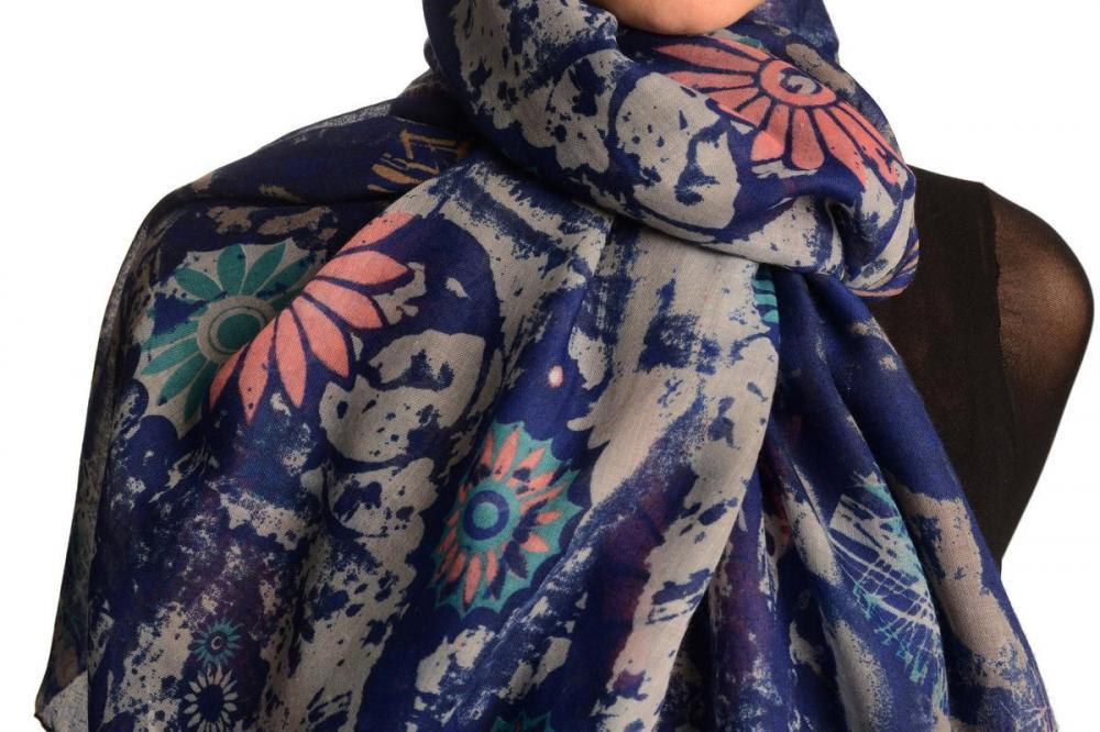 Liss Kiss Blue With Large Rustic Daisy Scarf - Scarf