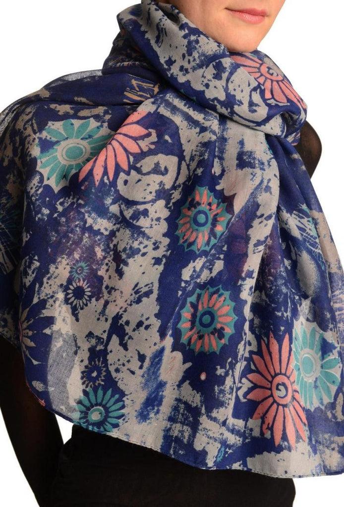 Liss Kiss Blue With Large Rustic Daisy Scarf - Scarf