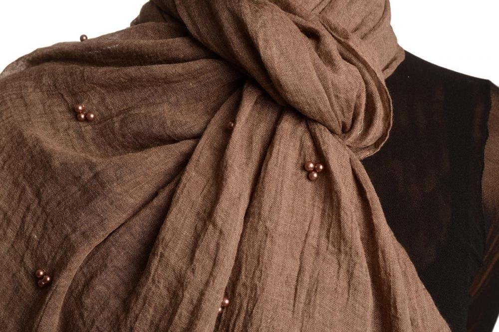 Liss Kiss Brown Beaded Crinkled Scarf - Scarf