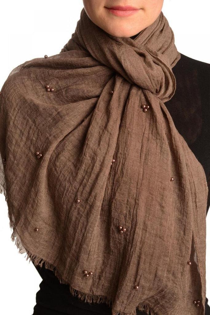 Liss Kiss Brown Beaded Crinkled Scarf - Scarf