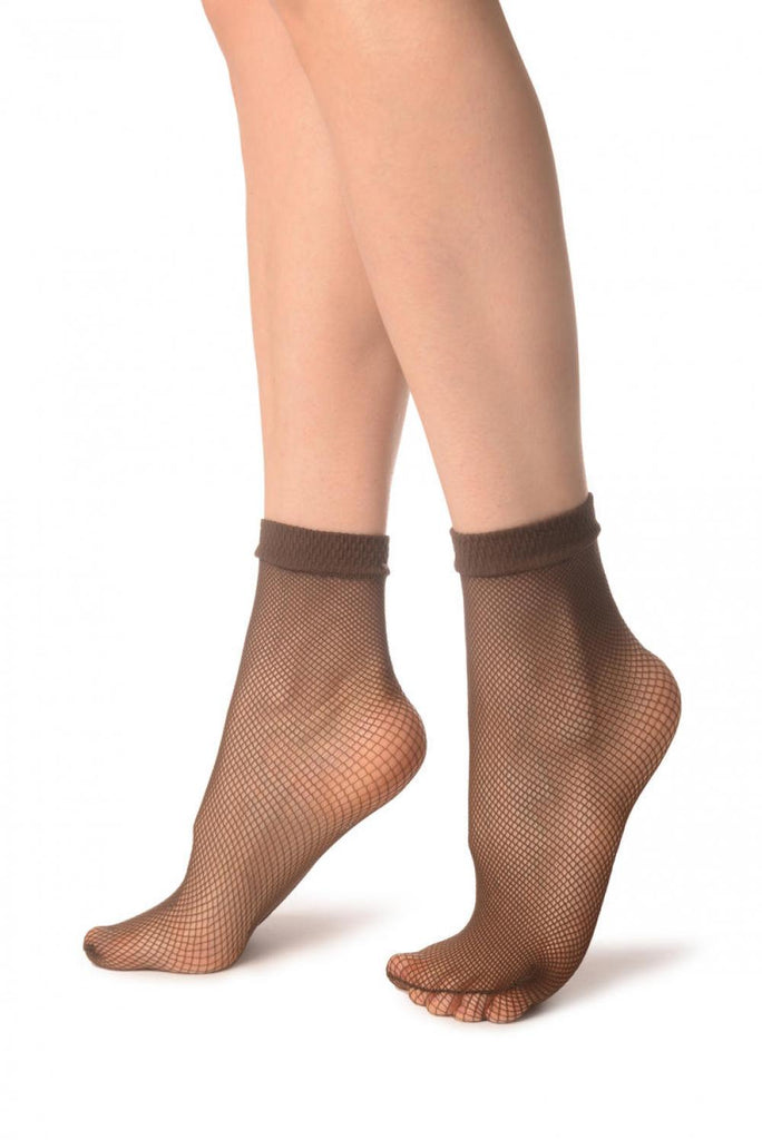 Liss Kiss Brown Fishnet Ankle High Socks - Socks