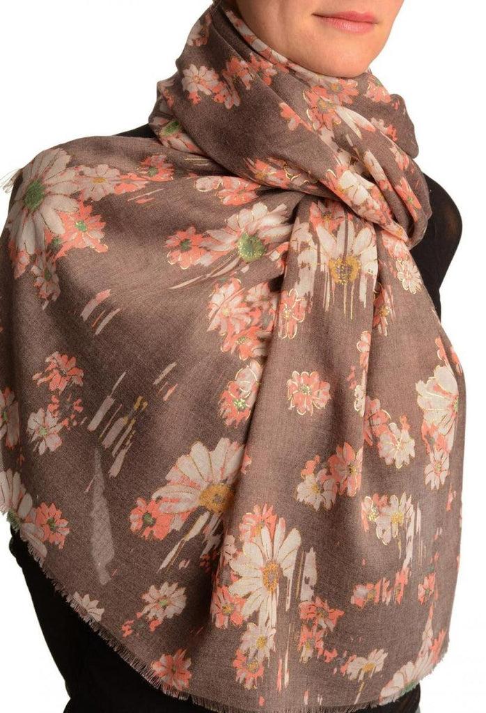 Liss Kiss Brown With Gold Trim Daisies Scarf - Scarf