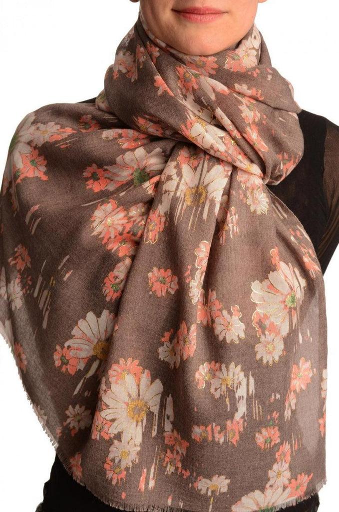liss kiss Brown With Gold Trim Daisies Scarf - Scarf