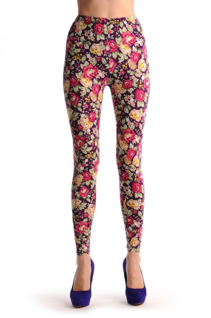 Liss Kiss Chrysanthemum Flowers On Purple - Leggings