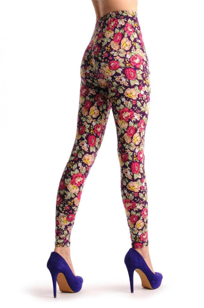 Liss Kiss Chrysanthemum Flowers On Purple - Leggings