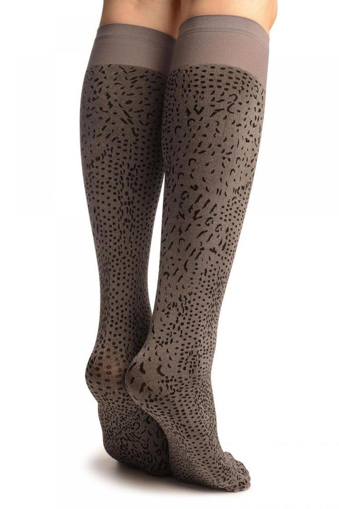 Liss Kiss Grey Silky Leopard Socks Knee High - Socks