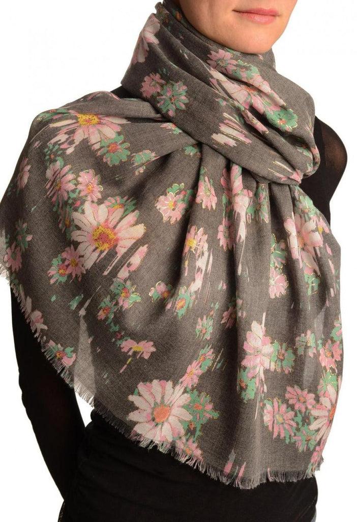 Liss Kiss Grey With Gold Trim Daisies Scarf - Scarf