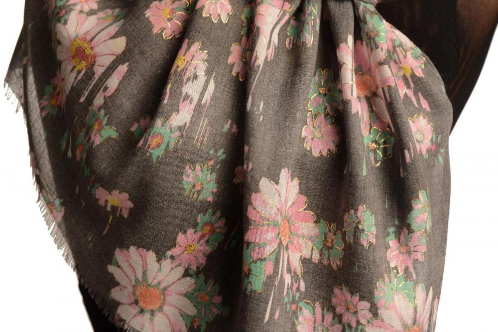 Liss Kiss Grey With Gold Trim Daisies Scarf - Scarf