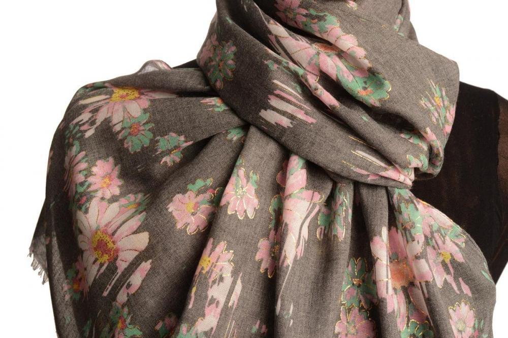 Liss Kiss Grey With Gold Trim Daisies Scarf - Scarf