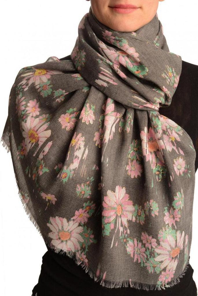 liss kiss Grey With Gold Trim Daisies Scarf - Scarf