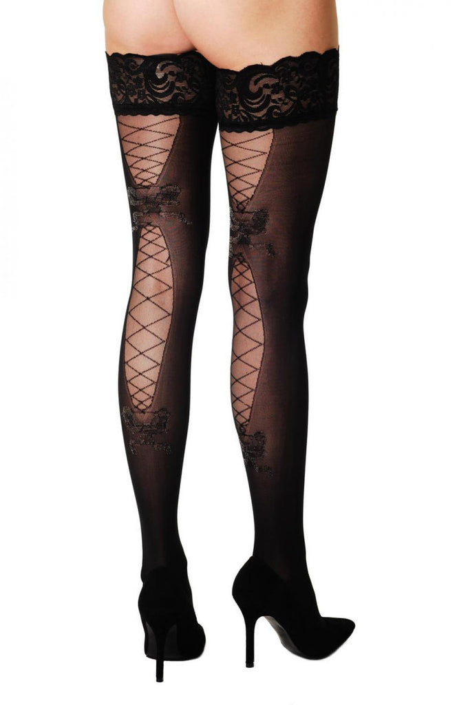 Liss Kiss Lace Garter & Silver Lurex Bow - Hold Ups