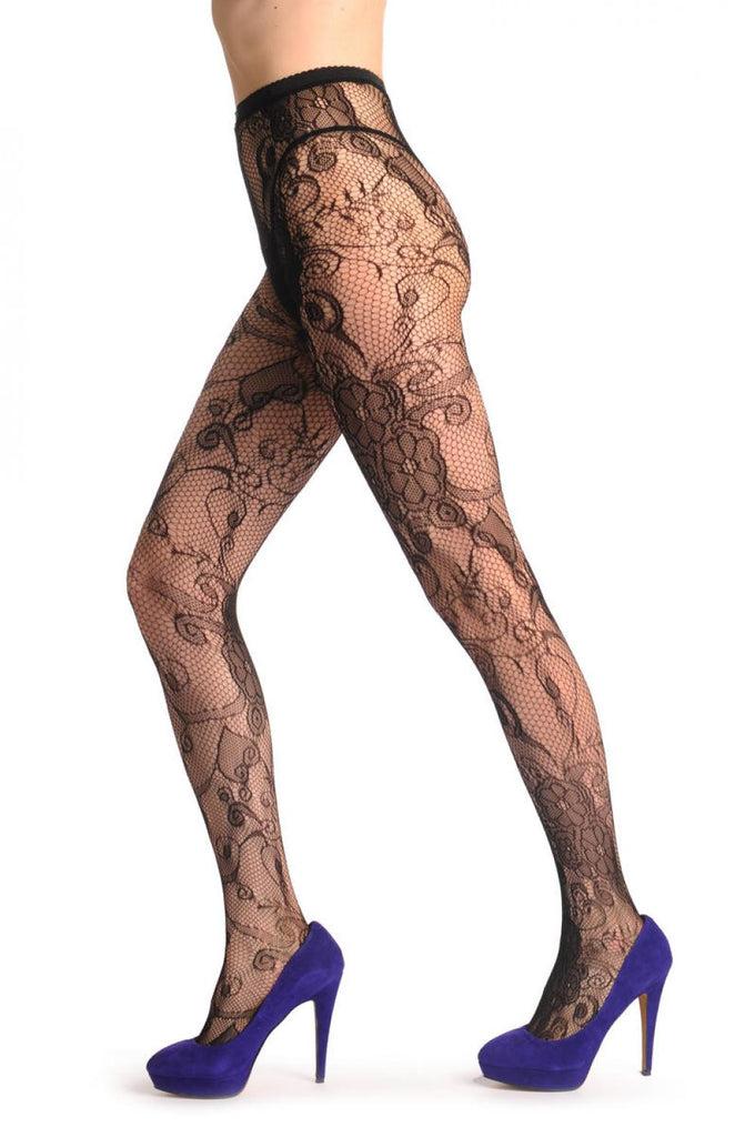 Liss Kiss Large Black Flowers Bouquet Lace - Tights