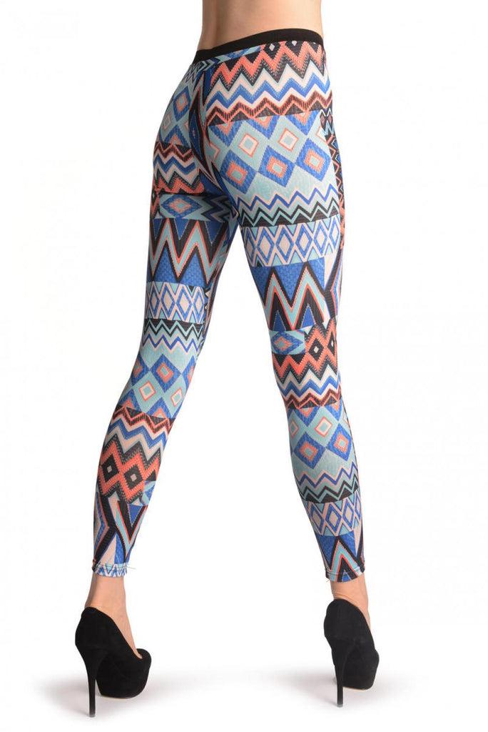 Liss Kiss Large Blue & Orange Aztec Panels - Leggings
