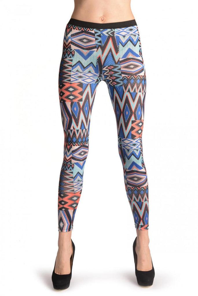 Liss Kiss Large Blue & Orange Aztec Panels - Leggings