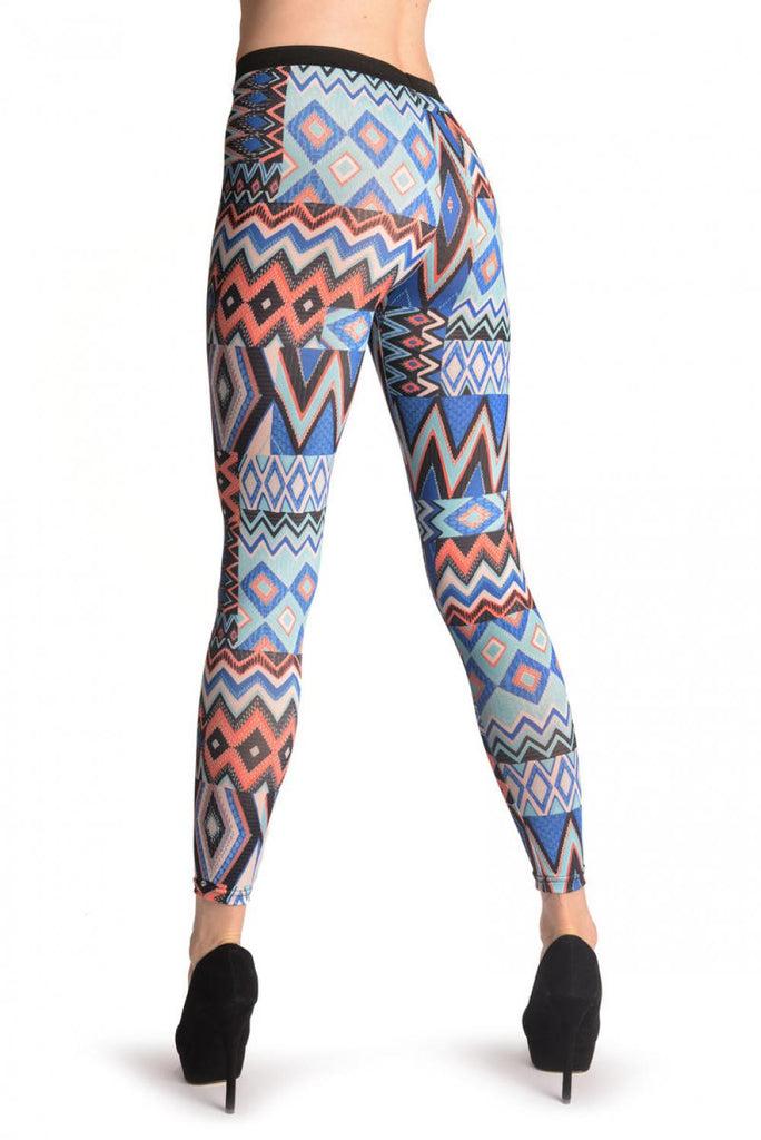 Liss Kiss Large Blue & Orange Aztec Panels - Leggings
