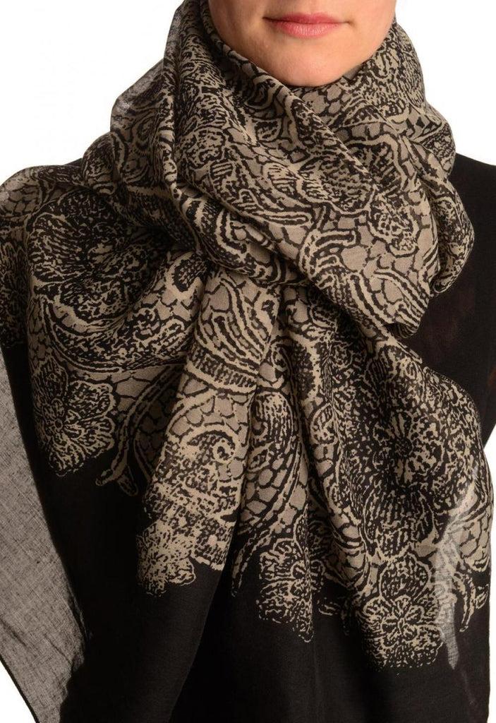 liss kiss Large Floral Printed Lace On Black - Scarf