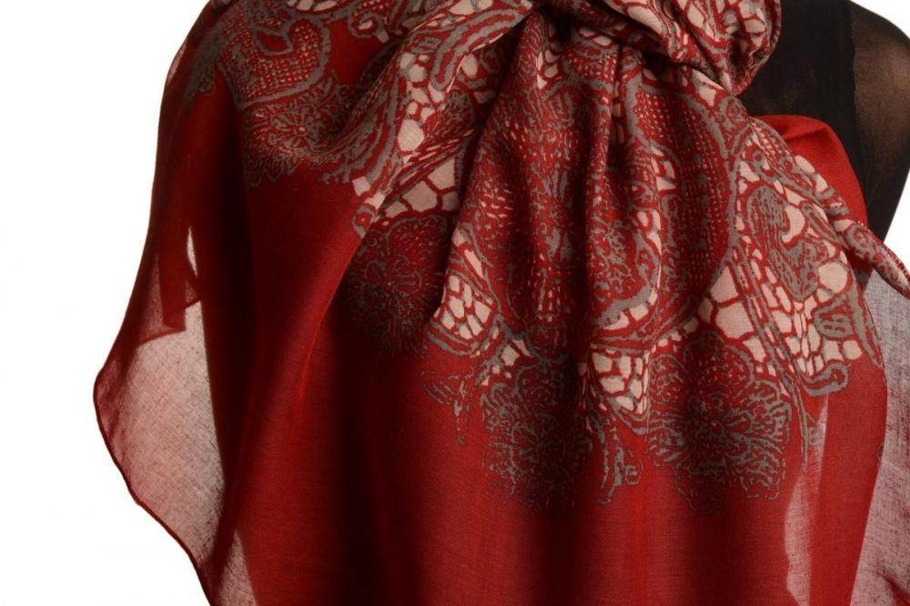 Liss Kiss Large Floral Printed Lace On Red - Scarf