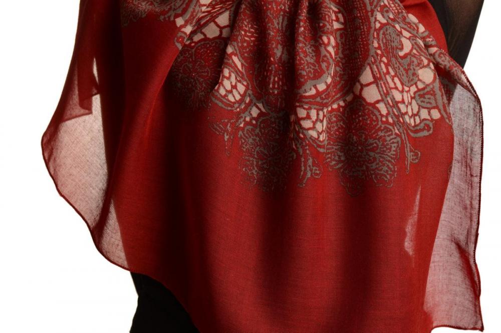 Liss Kiss Large Floral Printed Lace On Red - Scarf