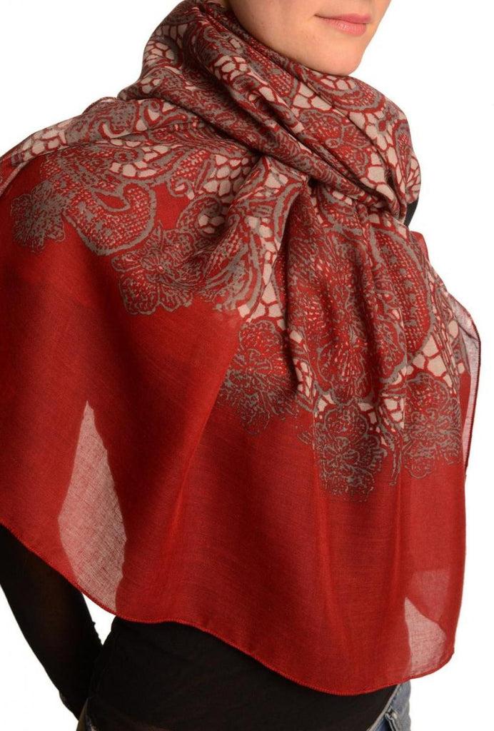 Liss Kiss Large Floral Printed Lace On Red - Scarf
