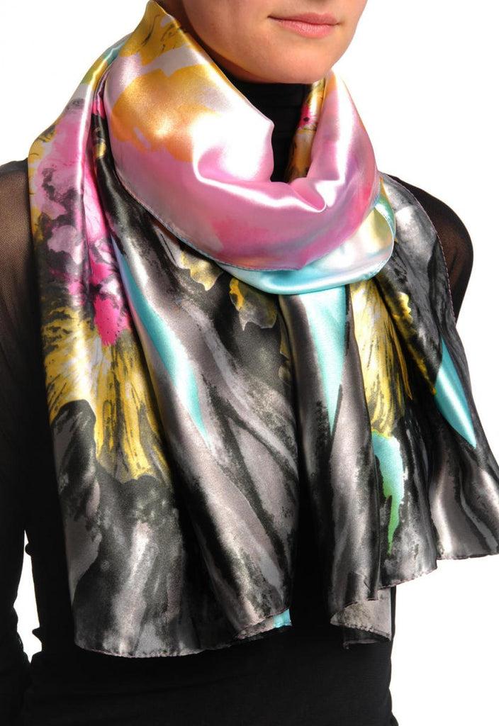 Liss Kiss Large Yellow & Grey Peony Flowers - Scarf